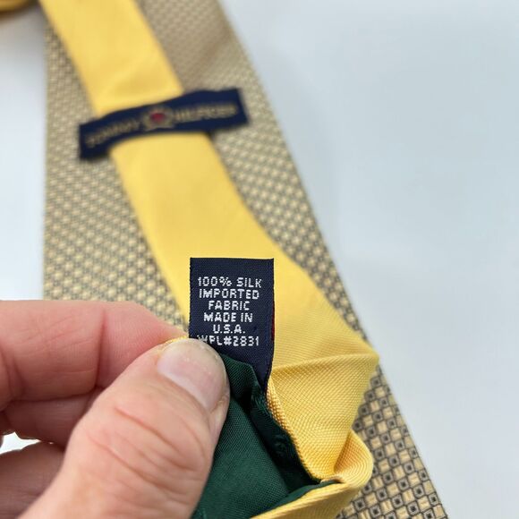 Tommy Hilfiger Yellow Navy Birdseye Dot Print 100% Silk Long Tie - Picture 7 of 10